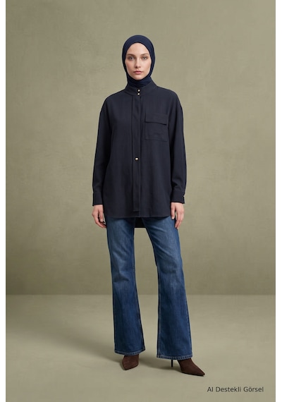 Avenna Dik Yaka Uzun Form Cep Detaylı Tunik 81 Cm Boy Lacivert 26kt434