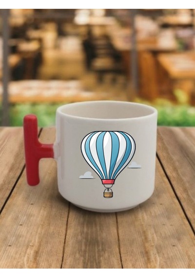 Uçan Balon Görselli Kahve Bardağı Seramik Kupa Bardak - Seramik Çay, Kahve Hediyelik Bardağı Beyaz