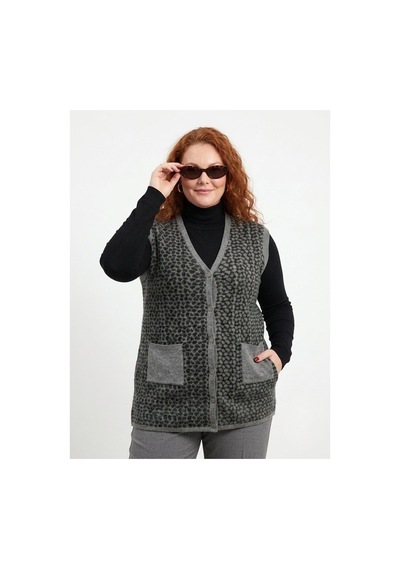 Onno Style Women Büyük Beden Çelik Örgü Klasik Leopar Desen Triko Kadın Yelek Gri