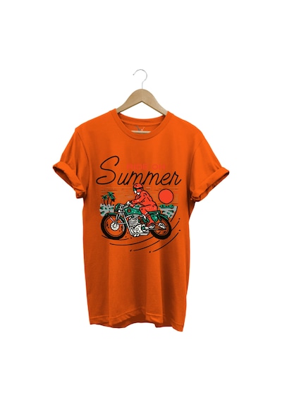 Motorsiklet Motorcu Özel Yaz Tasarımlı Ride On Summer Regular Fit %100 Pamuk Turuncu T-shirt Turuncu