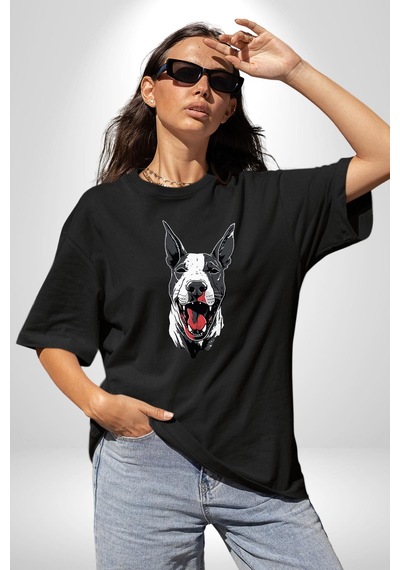 Doberman Kırmızı Dil Siyah Dik Kulak Pamuklu Bisiklet Yaka Kadın Erkek Oversize Boyfriend Dijital Baskılı Siyah T-shirt Siyah