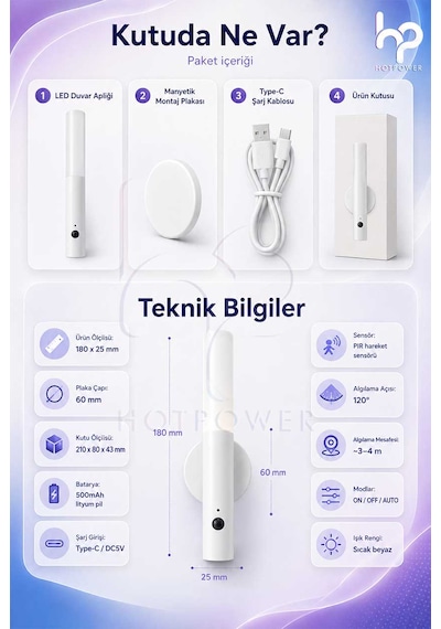 Şarjlı Sensörlü Duvar Apliği Manyetik Kablosuz Led Gece Lambası Type-c Beyaz
