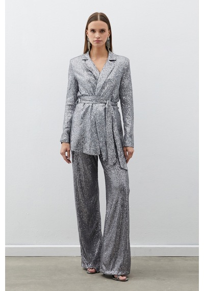 Sateen Kemerli Payet Pantolon - Gümüş
