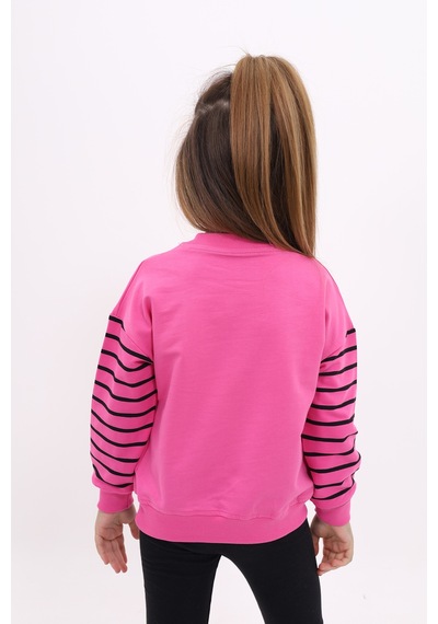 Kız Çocuk Relax Fit Bisiklet Yaka Cepli Baskılı Sweatshirt - Kolu Çizgili & 2 İplik Fuşya