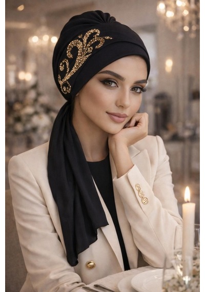 Aişe Tesettür Siyah Gold Motif Abiye Atkılı Bone