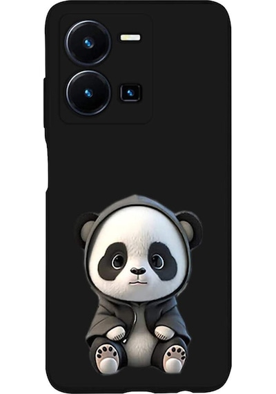 Vivo Y35 İle Uyumlu Sevimli Panda 0214d Tasarımlı Siyah Lansman Kılıf Çok Renkli