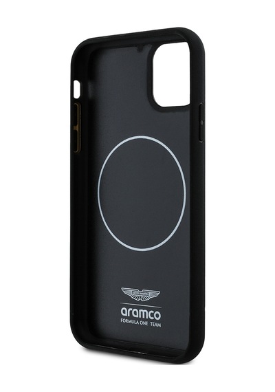 Apple Uyumlu iPhone 11 Kılıf Aston Martin Lisanslı Magsafe Uyumlu Renkli Halka Ve Karbon Fiber Kapak Siyah-gümüş -