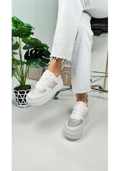 Günlük Kadın Sneaker Bağcıklı Hafif Kalın Yüksek Tabanlı Yürüyüş Nefes Alan Spor Ayakkabı 451 Simli - Beyaz