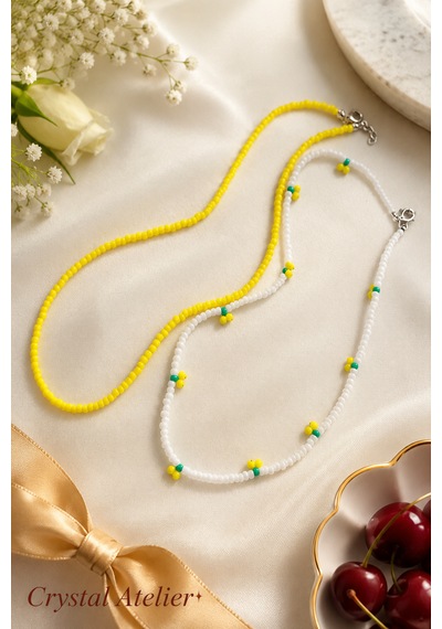 Crystal Atelier 2'li Sarı Kiraz Boncuk Kolye Seti El Yapımı Kum Boncuk Beyaz Sarı İkili Choker Kombini Sarı - Beyaz