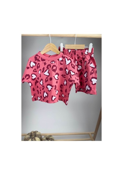 Poala Kids Pembe Leopar Şort Crop Takım