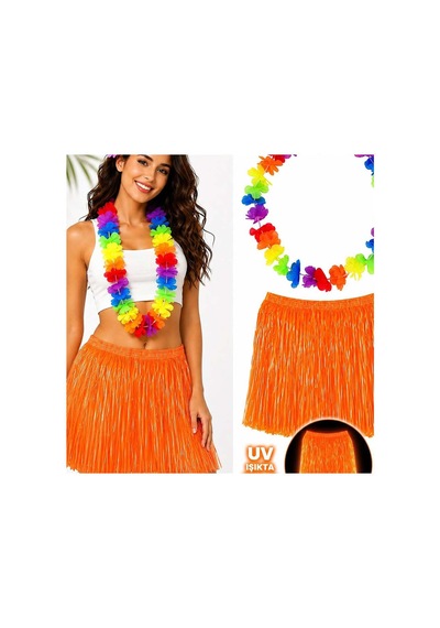 Neon Turuncu Hawaii Etek 40 Cm Ve Rengarenk Hawaii Kolye Evimdeyokyok