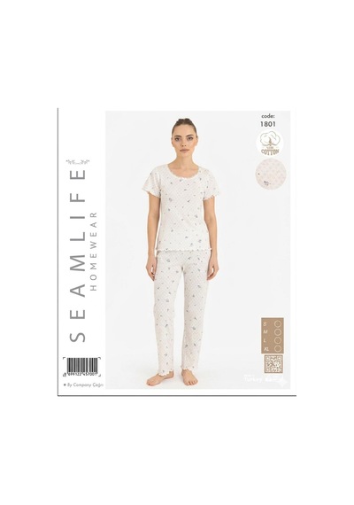 Seamlife Kadın %100 Pamuk Kalp Desenli Kısa Kollu Pijama Takımı 466542 Beyaz