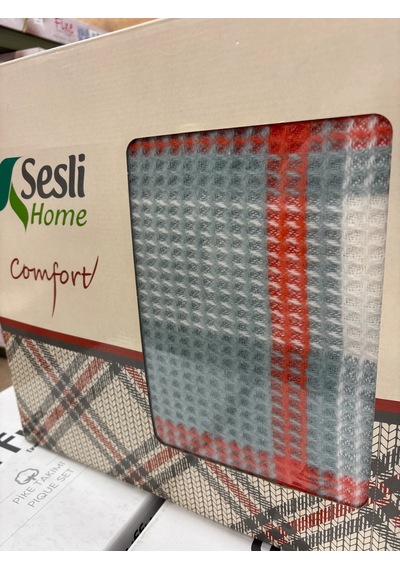 Sesli Comfort Turkuaz Turuncu Ekose Skoç Pamuk Örme Battaniye 200x220 Çift Kişilik Battal Diğer