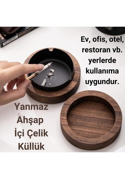 Polham Paslanmaz Çelik Yuvarlak Ultra Şık Küllük, Kapaklı Ceviz Ağacı Paslanmaz Çelik Kül Tablası Gold