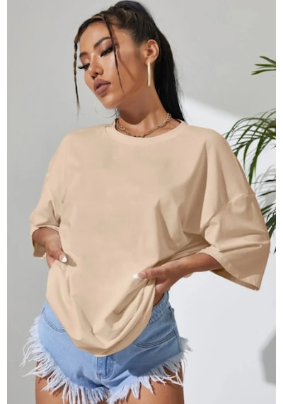 Unisex Yön Gösteren Baskılı Tasarım Tshirt Bej