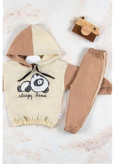 Veraura Lifestyle Panda Desenli Kapişonlu Erkek Bebek Takımı KREM