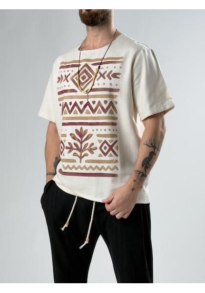 Cocopelli Bordo Etnik Tasarım Erkek T-shirt Coc2871 Bej