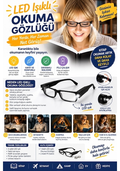 Led Işıklı Camsız Kitap Okuma Gözlüğü Pratik Kitap Lambası, Gece Okuma Işığı, Okuma Gözlüğü Siyah
