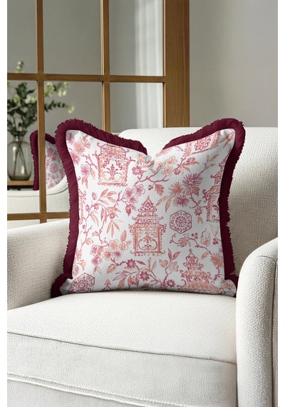 Zarif Çiçekli Pagoda Saçaklı Yastık Kılıfı - Asya Esintili Eklektik Bordo Püsküllü Kırlent Kılıfı Buzlu Ayışığı Gece Zarif Çiçekli Pagoda Saçaklı Yastık Kılıfı - Asya Esintili Eklektik Bordo Püsküllü Kırlent Kılıfı Buzlu Ayışığı Gece