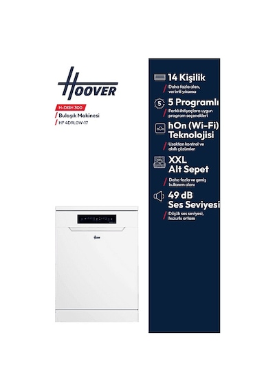 Hoover HF 4D9L0W-17 14 Kişilik 5 Programlı Wi-fi Bağlantılı Bulaşık Makinesi Beyaz