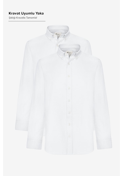 AC&Co / Altınyıldız Classics Erkek Beyaz 2'li Pamuklu Kolay Ütülenebilir Slim Fit Dar Kesim Oxford Gömlek Paketi Beyaz