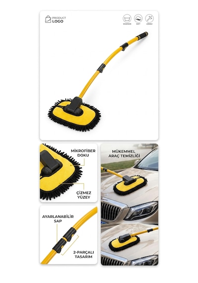 Teleskopik Saplı Uzayan Egimli Dönebilen Mikrofiber Başlıklı Araç Yıkama Fırçası Mop Sarı Uzayıp Kısalan Sap 50 - 110 Cm Premium Şönil Araç Yıkama Mopu