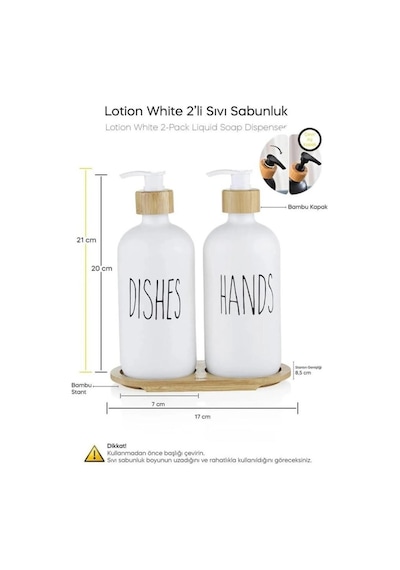 2 Li Beyaz Mutfak Sıvı Sabunluk Seti 500ml+500ml Bambu Standlı
