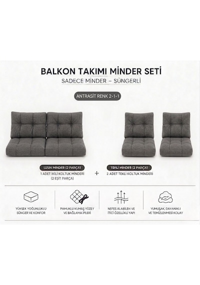 2-1-1 Fermuarlı Balkon Minderi-leke Tutmaz - İçidolu Minder Antrasit