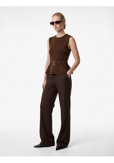 Koton Slim Fit Kolsuz Bisiklet Yaka Kemerli Peplum Bluz Kahverengi 6sak10193ek Kahve