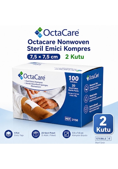 Octacare Nonwoven Steril Emici Kompres 7,5 7,5cm Kutulu 2 Kutu