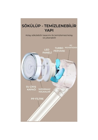 Led Işıklı Turbo Renkli Pervaneli Filtreli Su Tasarruflu Duş Başlığı Çok Renkli