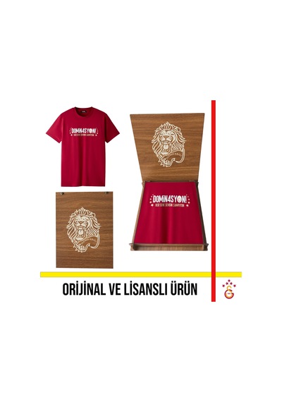 Galatasaray Lisanslı 2026 Şampiyonluk Dominasyon Kırmızı Tişört Aslan Ahşap Kutulu