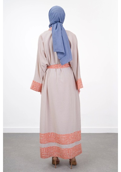 Pureva Garni Detaylı Kuşaklı Keten İkili Kimono - Bej/oranj Çok Renkli