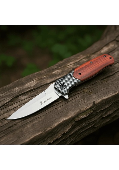 Knivox Browning Da353 Damalı Ahşap Kabze Auto Kamp Çakısı Kahverengi