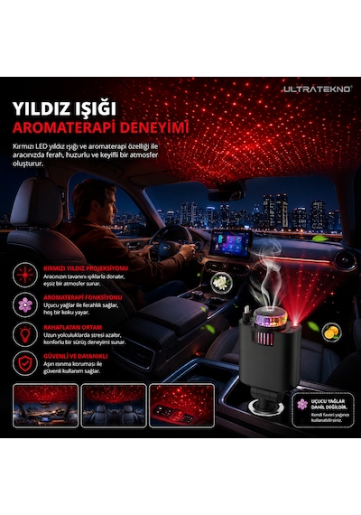 Ultratekno C7 Araç Şarj Cihazı 5in1 45w Hızlı Şarj Oto Parfüm Difüzör Type-c & Lightning Makaralı Kablo Rgb Yıldız Işığı Araç İçi Nemlendirici Gri