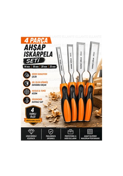 4 Parça Ahşap Iskarpela Seti 14-18-20-25 Mm Krom Vanadyum Çelik Ergonomik Kaymaz Sap Profesyonel Mar