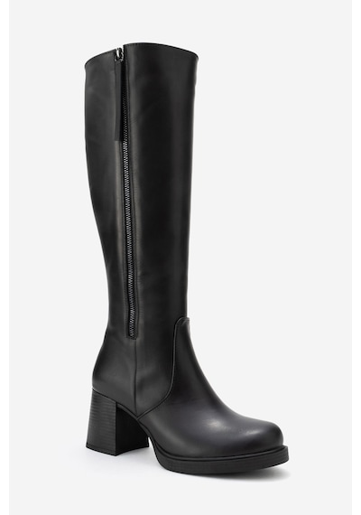 Luvishoes Lensa Siyah Cilt Hakiki Deri Fermuarlı Kadın Kalın Topuklu Çizme Siyah