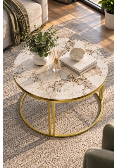 Sulorahome Efes Beyaz Mermer Desenli Yuvarlak Orta Sehpa 70 Cm Altın - Mermer