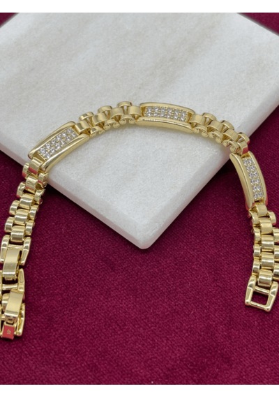 14 K Renginde Minik Taşlarla Kaplı 3 Dikdörtgen Şekilli Gold Bileklik Gold
