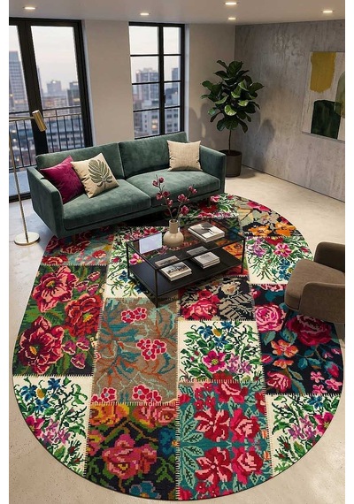 Patchwork Desen Dokuma Pamuk Taban Dijital Dekoratif Oval Halı Beyaz