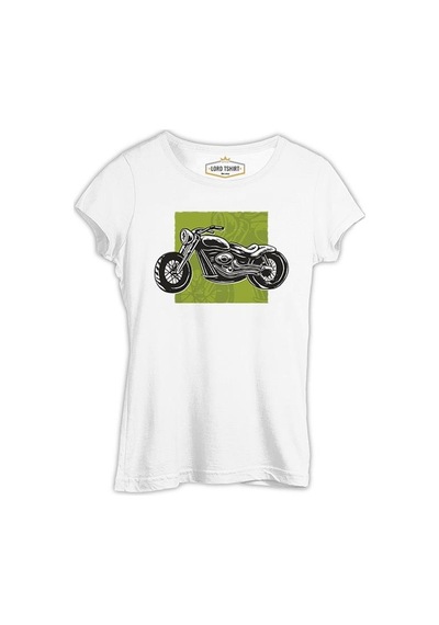 Motorcycle On A Green Background Beyaz Kadın Tshirt 001