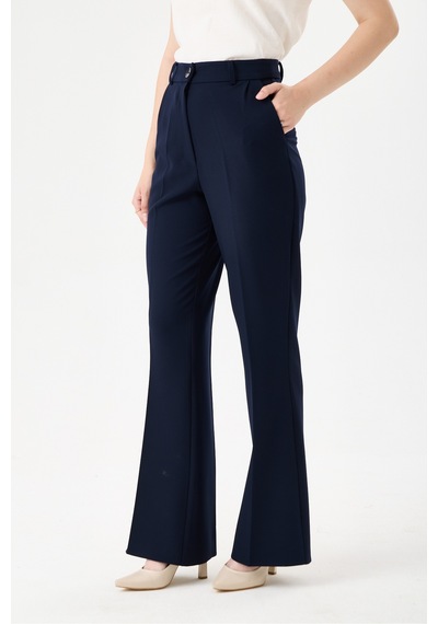 Velnara Moda Lacivert İspanyol Paça Cepli Yüksek Bel Dokuma Kumaş Kadın Pantolon Lacivert - 918305891 Lacivert