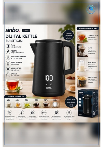 Su Isıtıcı 1.8l 1500w Dijital Kablosuz Dokunmatik Ekranlı Kettle