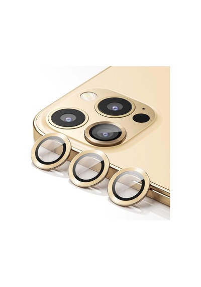 Apple Uyumlu   iPhone 14 Pro Max Kamera Koruyucu Lens Mercek Metal Çerçeveli 3lü Set Gold Altın