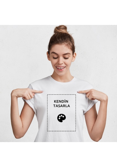 Sıfır Yaka Tişört Kişiye Özel Baskı Resim Baskılı T-shirt Beyaz