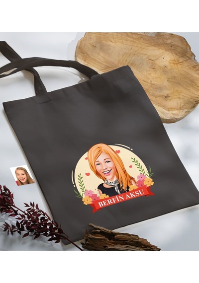 Bk Gift Kişiye Özel Anneler Günü Karikatürlü Antrasit Kumaş Bez Çanta, Baskılı Omuz Çantası, Alışveriş Çantası, Anneye Hediye-6 Antrasit