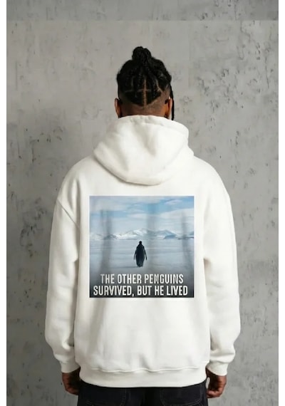 Veraura Lifestyle Siyah Oversize Hoodie - Sırt Baskılı Survivor Penguin Temalı, Felsefi Yazılı Kapüşonlu Sweatshirt - Beyaz