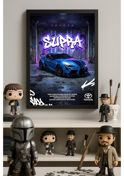 Toyota Supra Siyah Ahşap Çerçeveli Poster, Dekoratif Araba Duvar Tablosu