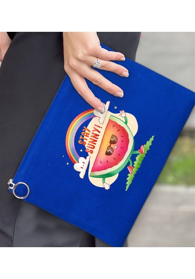 Bk Gift Yaz Temalı-7 Astarlı Mavi Portföy Çanta 30x21cm, Baskılı El Çantası, Organizer Çanta