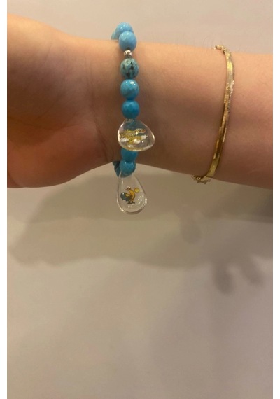 Doğal Taş Bileklik Hand Made El İşi Feng Shui Ejderha Yılı Koruyucu Hayvan Horoz Ve Ejderha Objeli Ve Doğal Turkuaz Taşlı Çok Renkli